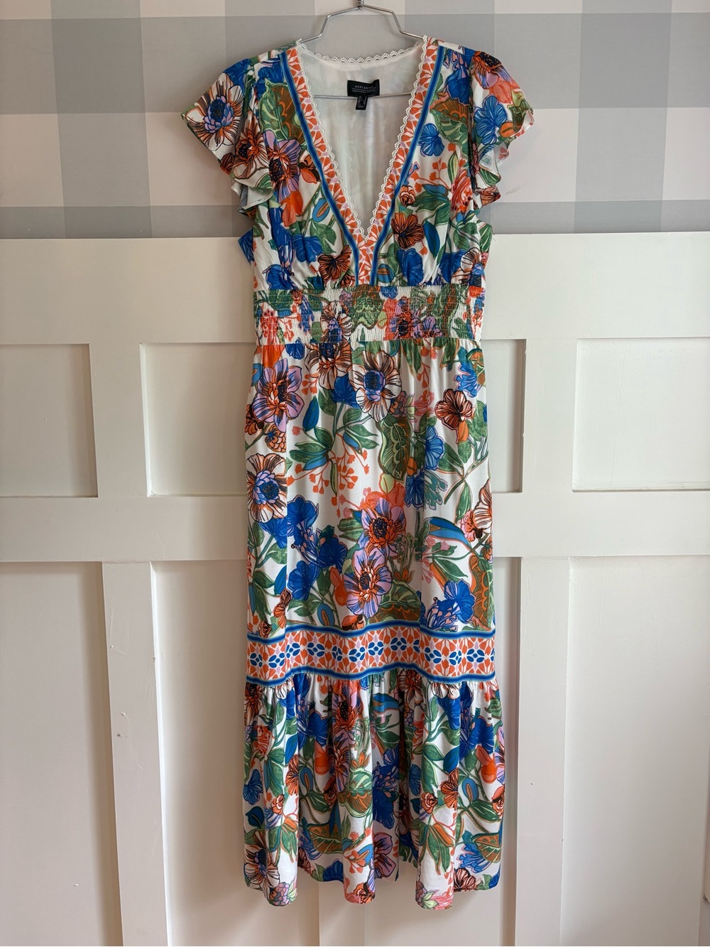 Adrianna Papell Blue and Orange Floral Smocked Maxi Dress 2 - Picture 9 of 9